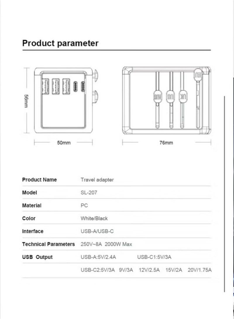 Universal International Power Travel Plug Adapter, 5 in 1 European Travel Plug Adapter W/ 3.5A 2xUSB-A and 2xUSB C Wall Charger and Worldwide AC Outlet for Europe USA UK AUS Asia Black - Image 5