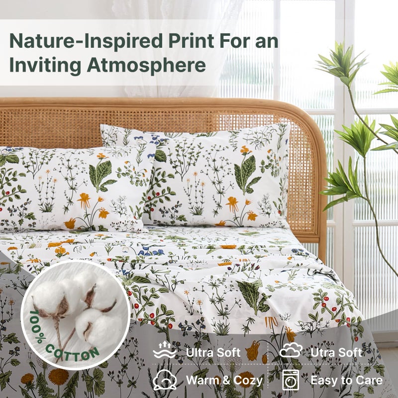 Cozaline 100% Cotton Sheet Set Queen Size â€“ 4-Piece Vintage Green Floral Bedding Set, Soft Breathable Percale Weave, Deep Pocket Fitted Sheet 17.5", Crisp Cool Feel, Refined Botanical Elegance - Image 3