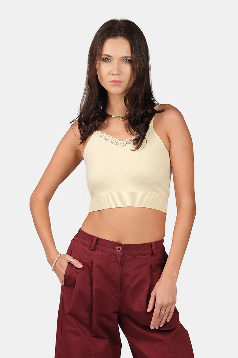 Virgio Self Design Viscose Lurex Strappy Crop Knit Cami for Women