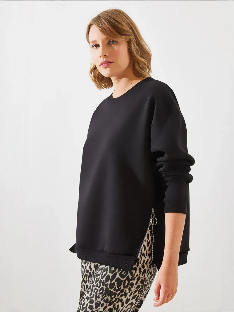 Bianco Lucci LUCCI Crew Neck Zipper Detailed Sweatshirt