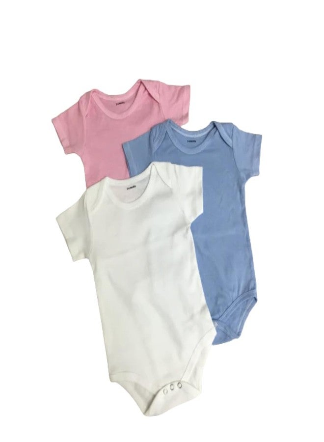 MOJOPANDA Organic Cotton Romper Set of 3 | 100% Cotton | 0-3, 3-6, 6-12 Months | White, Pink & Blue - Image 1