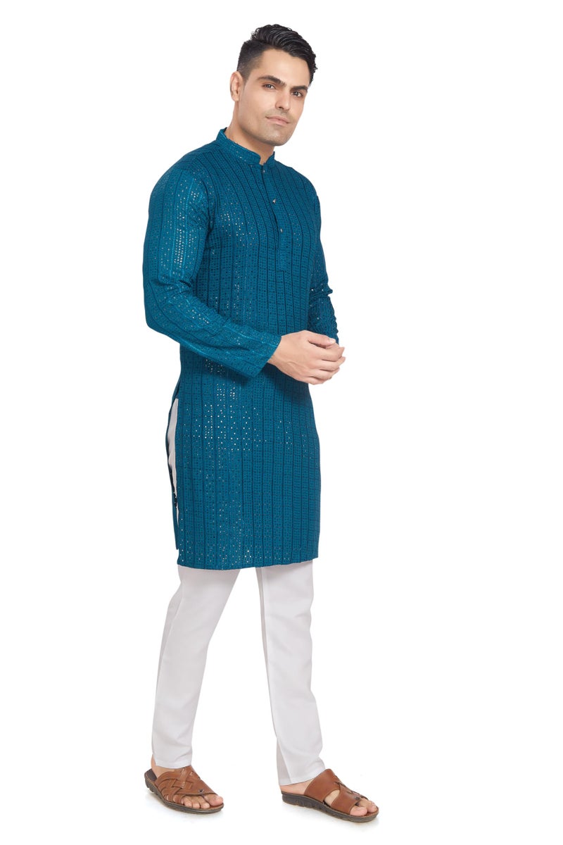 DIVISIVE Men's Embroidered Cotton Blend Only Slim Fit Kurta (DKRT376_M_Teal) - Image 4
