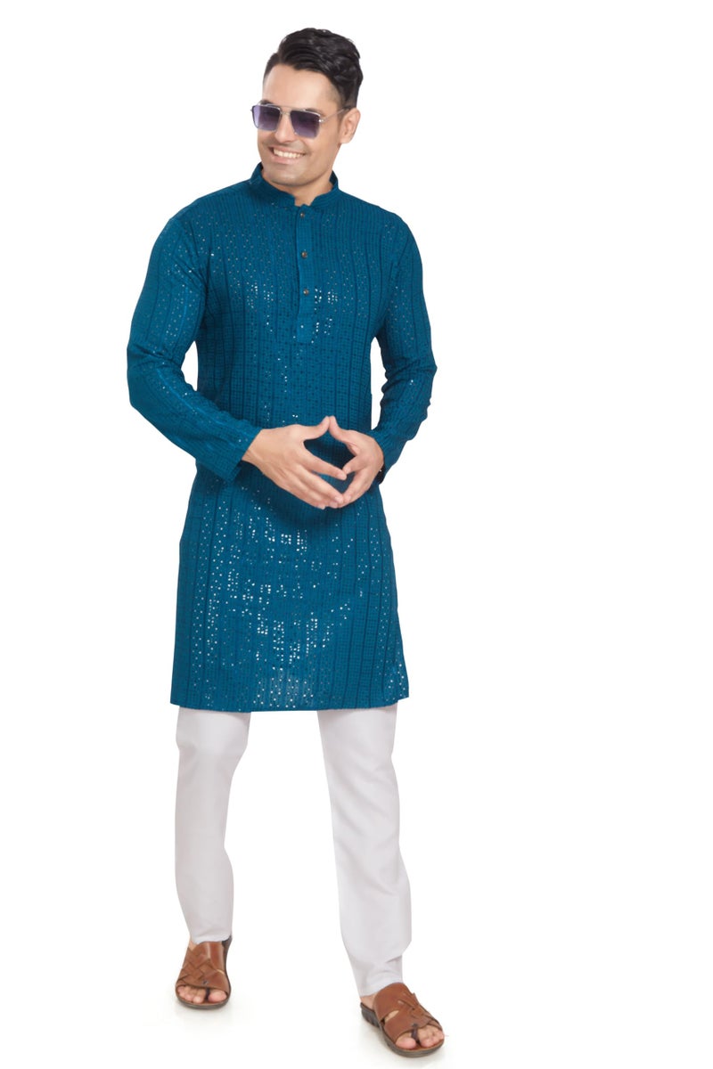 DIVISIVE Men's Embroidered Cotton Blend Only Slim Fit Kurta (DKRT376_M_Teal) - Image 2