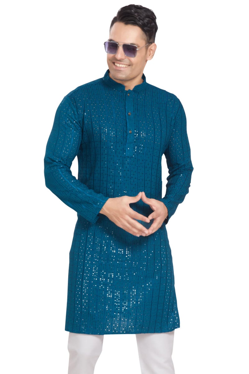 DIVISIVE Men's Embroidered Cotton Blend Only Slim Fit Kurta (DKRT376_M_Teal) - Image 1