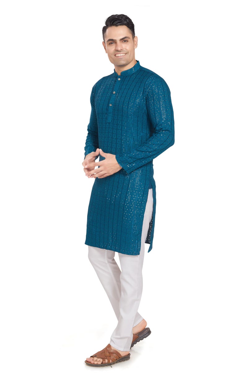 DIVISIVE Men's Embroidered Cotton Blend Only Slim Fit Kurta (DKRT376_M_Teal) - Image 3