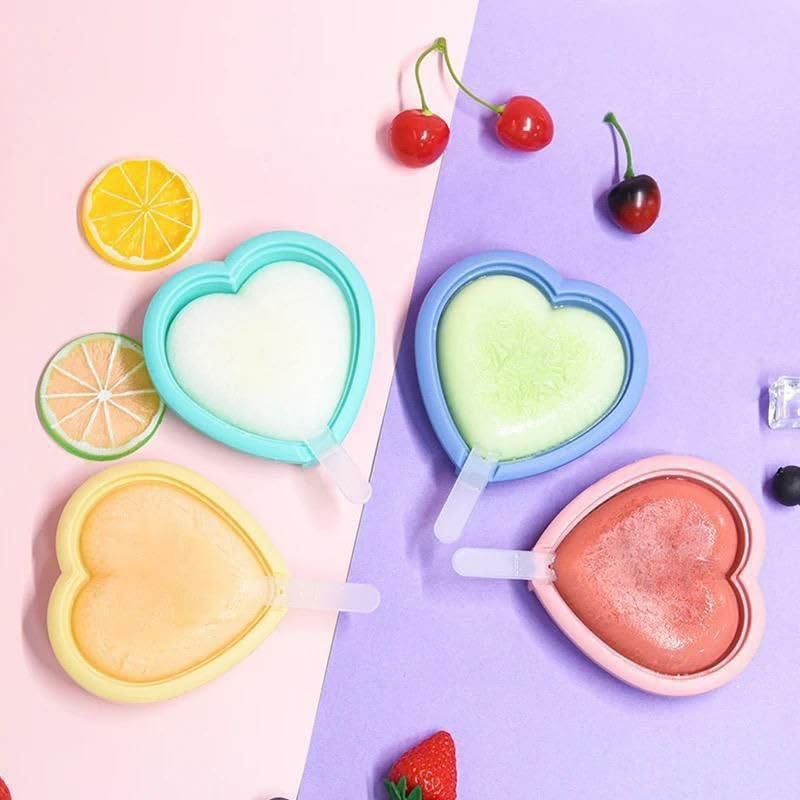 BIRZAR Ice Pop Makers Silicone Reusable Homemade Popsicle Frozen Ice Cream Moulds Heart Shape Tray Kulfi Candy Maker 4 Pcs Set Multicolour - Image 1