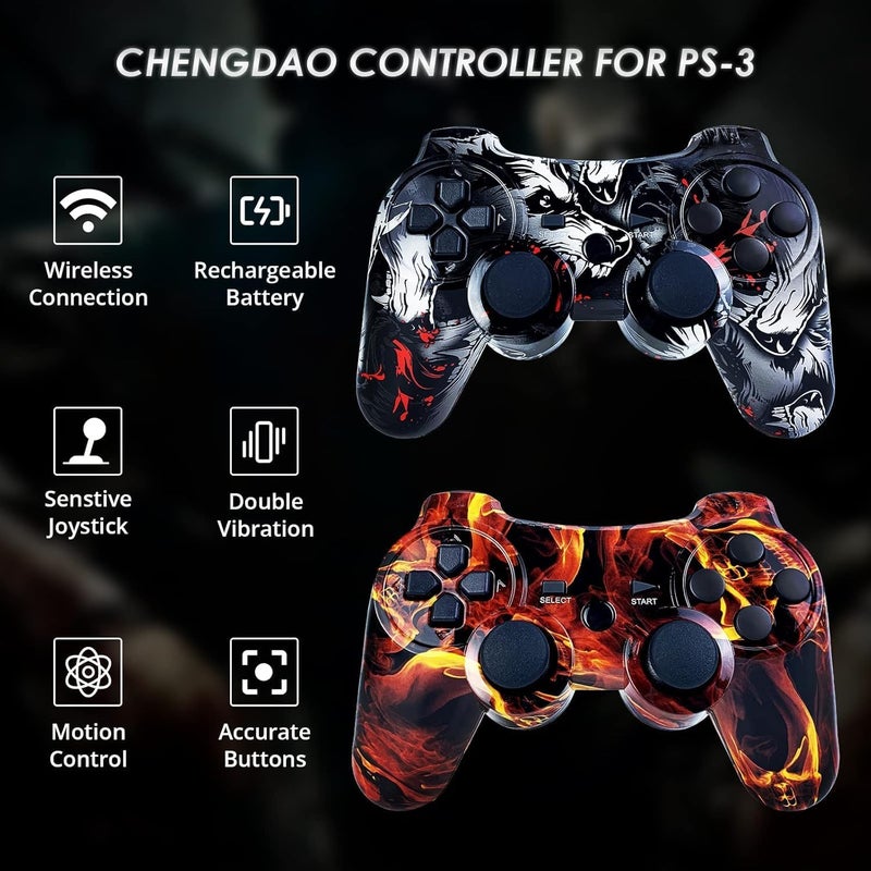 CHENGDAO وحدة تحكم CHENGDAO لـ PS3 حزمة 2 لـ PlayStation 3 وحدة تحكم لاسلكية عالية الأداء مع تحكم مزدوج بالاهتزاز والحركة، لهب وولف - Image 4