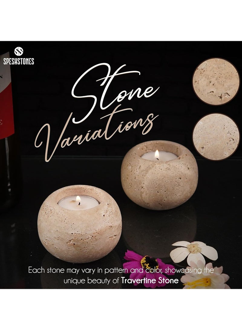 SPESHSTONES Travertine Tealight Candle Holders 3 Inch Stone Votive Candles Holder for Dining Table Centerpiece Decor - Small Tea Lights Set of 2 for Wedding, Birthday & Party Decorations  - Image 3