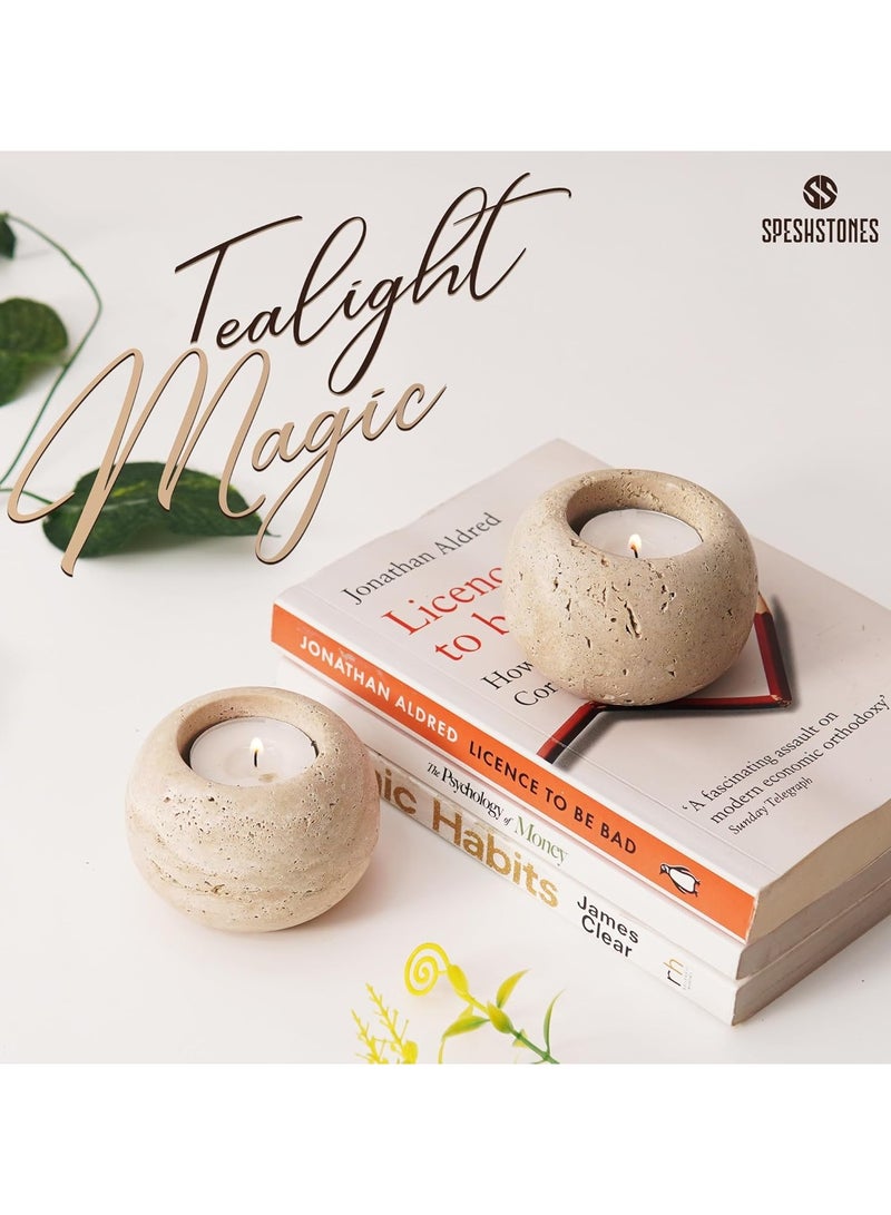 SPESHSTONES Travertine Tealight Candle Holders 3 Inch Stone Votive Candles Holder for Dining Table Centerpiece Decor - Small Tea Lights Set of 2 for Wedding, Birthday & Party Decorations  - Image 5