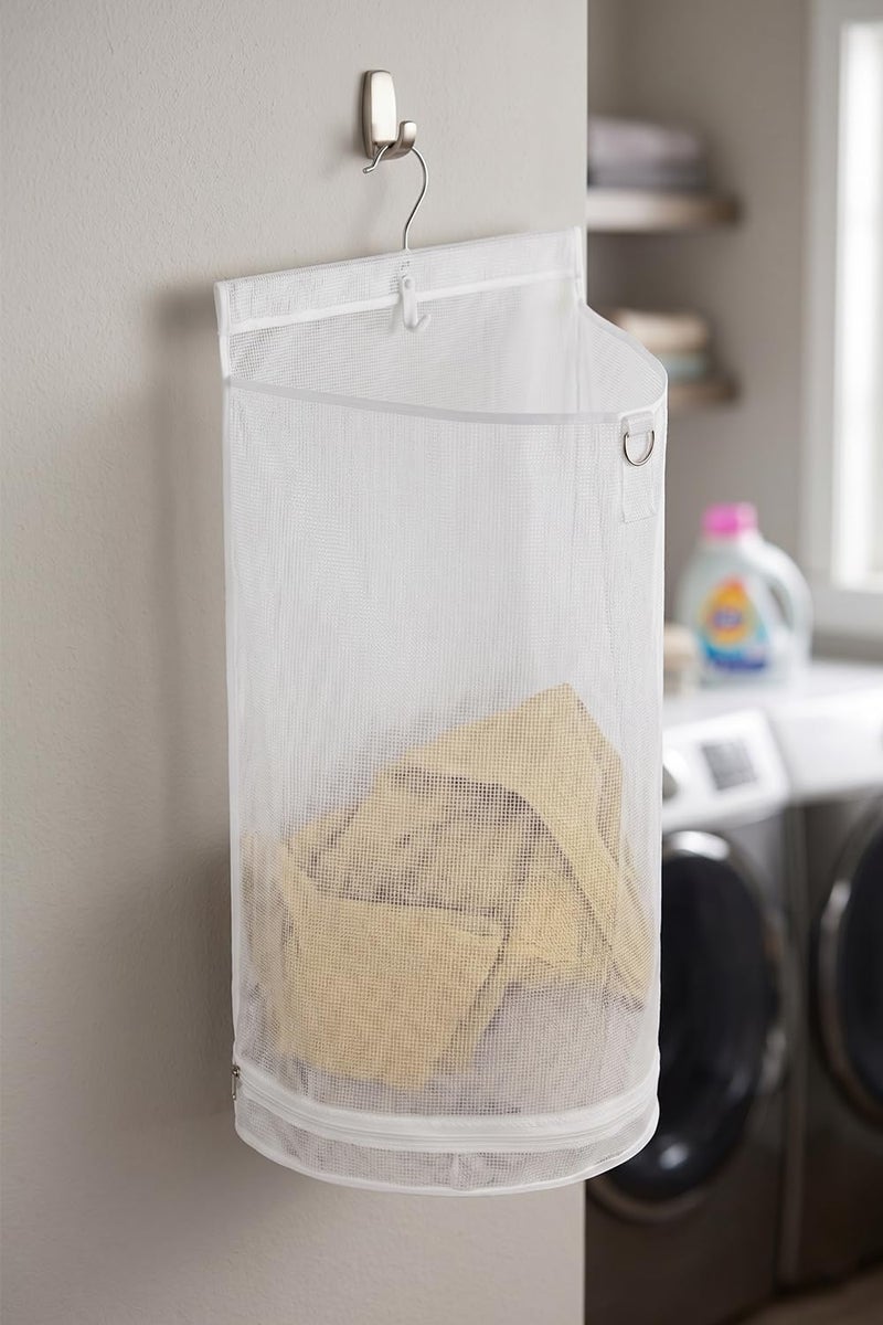 ALYER Hanging Semi Round Storage Mesh Bag,Collapsible Laundry Hamper Basket with Durable Hanger (White) - Image 5