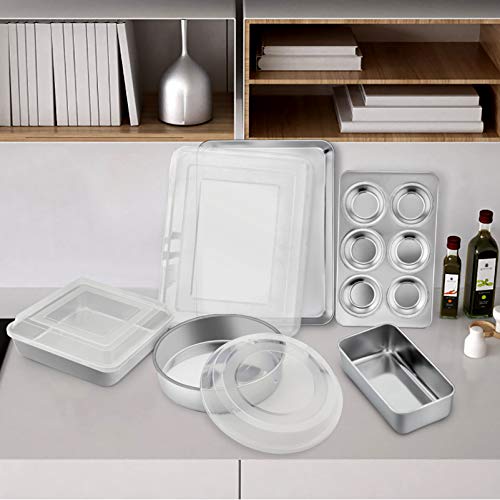 TeamFar Stainless Steel Bakeware Set of 8, Baking Roasting Pan Set with Lid, Lasagna Pan with lid, Square & Round Cake Pan, Loaf Pan & Muffin Pan, Healthy & Sturdy, Dishwasher Safe & Smooth - Image 5