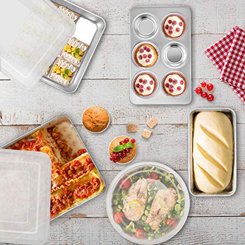 TeamFar Stainless Steel Bakeware Set of 8, Baking Roasting Pan Set with Lid, Lasagna Pan with lid, Square & Round Cake Pan, Loaf Pan & Muffin Pan, Healthy & Sturdy, Dishwasher Safe & Smooth - Image 3