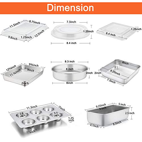 TeamFar Stainless Steel Bakeware Set of 8, Baking Roasting Pan Set with Lid, Lasagna Pan with lid, Square & Round Cake Pan, Loaf Pan & Muffin Pan, Healthy & Sturdy, Dishwasher Safe & Smooth - Image 2