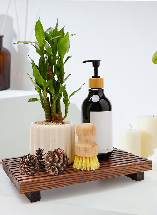 Wood Tray Pedestal Stand, Farmhouse Bathroom Decor Decorative Wooden Riser Small Kitchen Soap Dish Holder for Vanity, Counter, Sink - 9.8in x 6in x 1.6in - Image 1