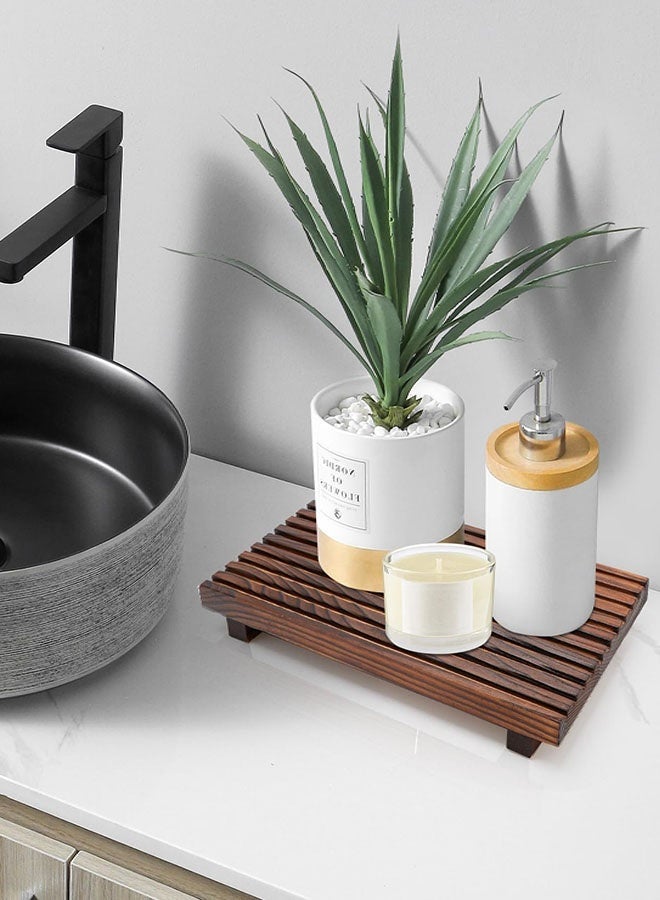 Wood Tray Pedestal Stand, Farmhouse Bathroom Decor Decorative Wooden Riser Small Kitchen Soap Dish Holder for Vanity, Counter, Sink - 9.8in x 6in x 1.6in - Image 2