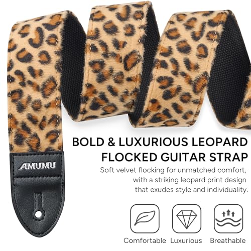 Amumu Leopard Flocked Velvet Guitar Strap with Microfiber Leather Ends, Fits Acoustic, Bass, and Electric Guitar - Guitar Accessories - Image 4