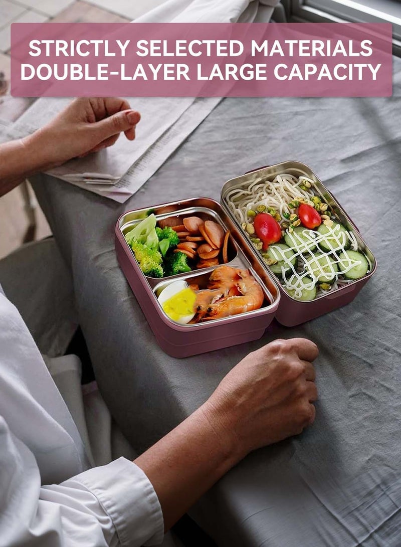 LEOKOR Stainless Steel Bento Box Double Layer 1000ML Leakproof Lunch Container with Bag and Tableware for Adults Kids Teens Men Women Everyday Use - Image 2