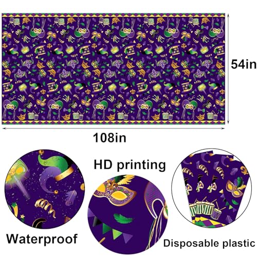 Buxiuer Mardi Gras Tablecloth New Orleans Carnival Masquerade Party Decoration Disposable Plastic Table Cloth Waterproof Table Cover Picnic Dining Kitchen Decor 54 x108 Inch -Pack of 2 - Image 3