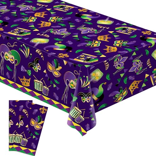 Buxiuer Mardi Gras Tablecloth New Orleans Carnival Masquerade Party Decoration Disposable Plastic Table Cloth Waterproof Table Cover Picnic Dining Kitchen Decor 54 x108 Inch -Pack of 2 - Image 1