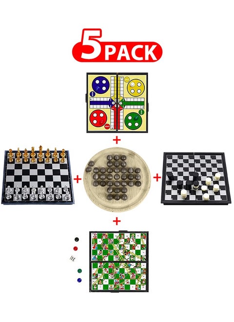 5 Packs Board Games Set Chess Checkers Snakes & Ladders Game Ludo Game and Wooden Solitaire Game Gameplay Brainteaser Puzzles Educational Children and Adult's Puzzle Game