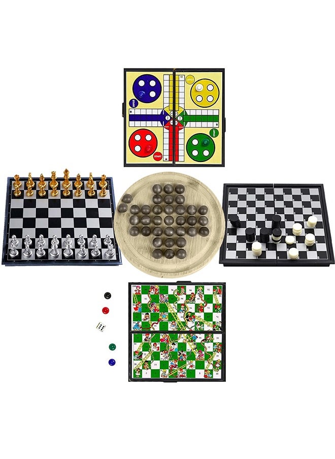 MARGOUN - 5 Packs Board Games Set Chess Checkers Snakes & Ladders Game Ludo Game and Wooden Solitaire Game Gameplay Brainteaser Puzzles Educational Children and Adult's Puzzle Game - Image 1