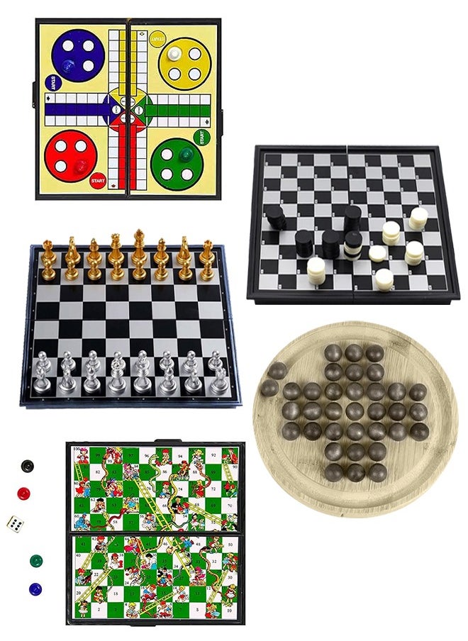 MARGOUN - 5 Packs Board Games Set Chess Checkers Snakes & Ladders Game Ludo Game and Wooden Solitaire Game Gameplay Brainteaser Puzzles Educational Children and Adult's Puzzle Game - Image 1