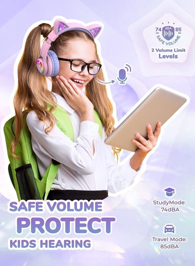 iClever BTH13 Bluetooth Kids Headphones, Cat Ear LED Light Up Wireless Kids Headphones with Volume Limited (74/85dBA), 50H Playtime, Children Headphones with MIC Over Ear for School/Tablet/PC - Image 3