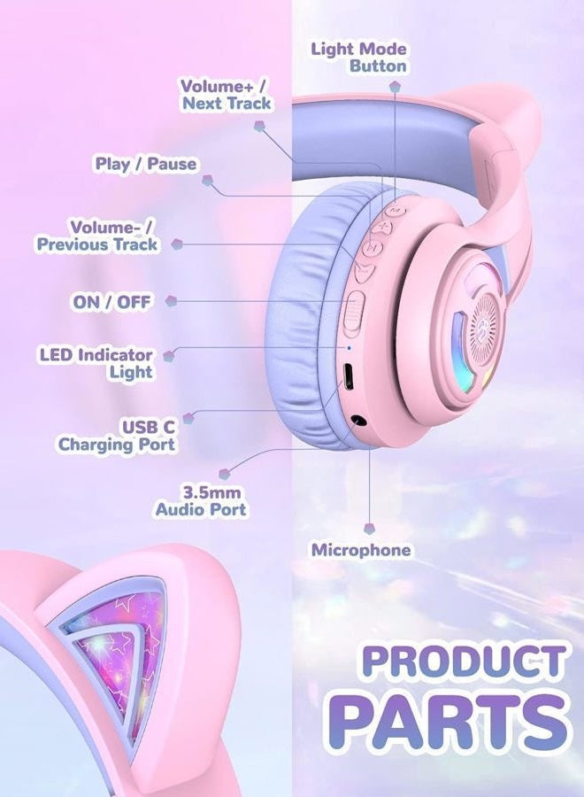 iClever BTH13 Bluetooth Kids Headphones, Cat Ear LED Light Up Wireless Kids Headphones with Volume Limited (74/85dBA), 50H Playtime, Children Headphones with MIC Over Ear for School/Tablet/PC - Image 5