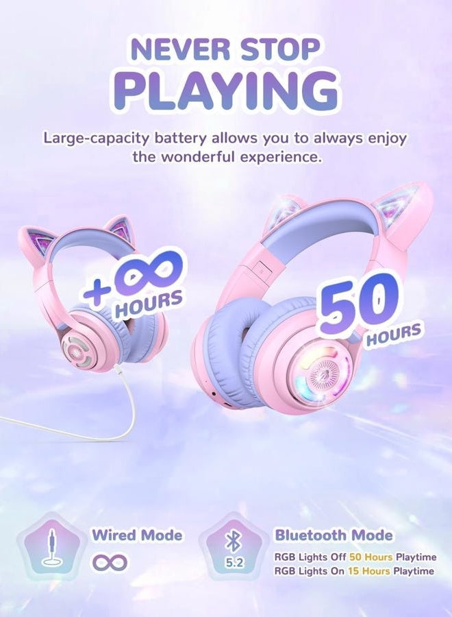 iClever BTH13 Bluetooth Kids Headphones, Cat Ear LED Light Up Wireless Kids Headphones with Volume Limited (74/85dBA), 50H Playtime, Children Headphones with MIC Over Ear for School/Tablet/PC - Image 4