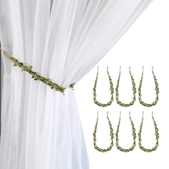 CURTAIN TIEBACKS ROPES NATURAL BURLAP ROPE HOLDBACKS WITH ARTIFICIAL VINES FAKE FOLIAGE IVY LEAF FOR RUSTIC WEDDING PARTY HOME DECORATIVE CURTAIN HOLDERS SET OF 6
