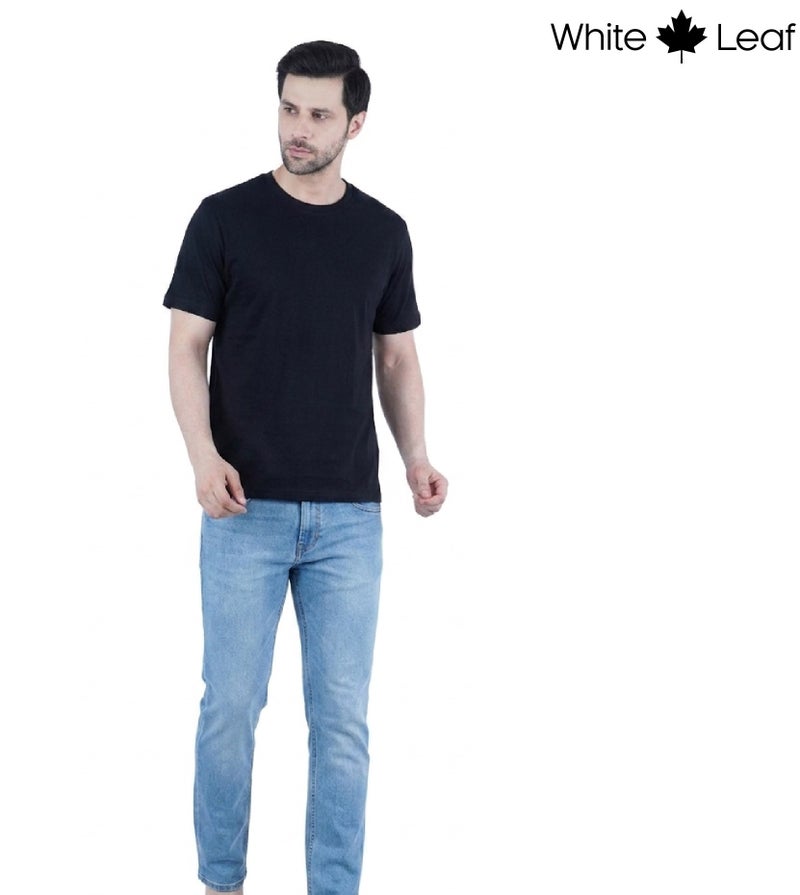 WHITE LEAF Men's Round Neck T-Shirt 1 Piece – 100% Combed Cotton Breathable Comfortable Casual Wear, Black - Image 2