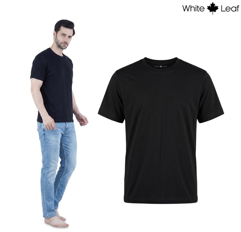 WHITE LEAF Men's Round Neck T-Shirt 1 Piece – 100% Combed Cotton Breathable Comfortable Casual Wear, Black - Image 3