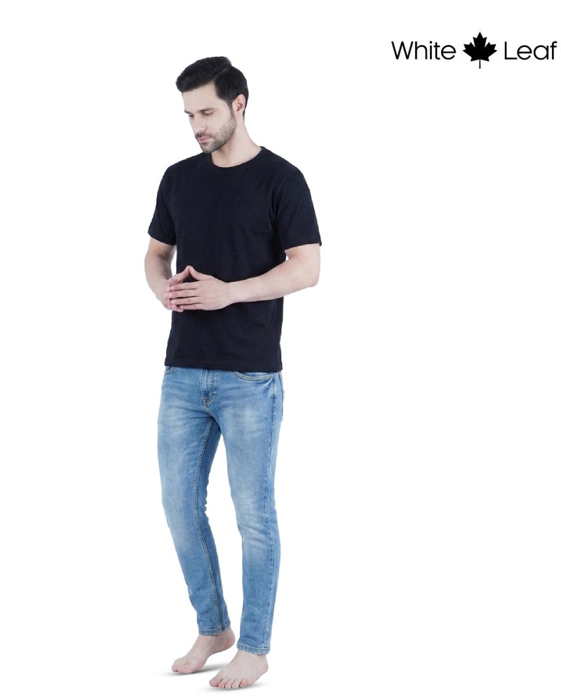 WHITE LEAF Men's Round Neck T-Shirt 1 Piece – 100% Combed Cotton Breathable Comfortable Casual Wear, Black - Image 5