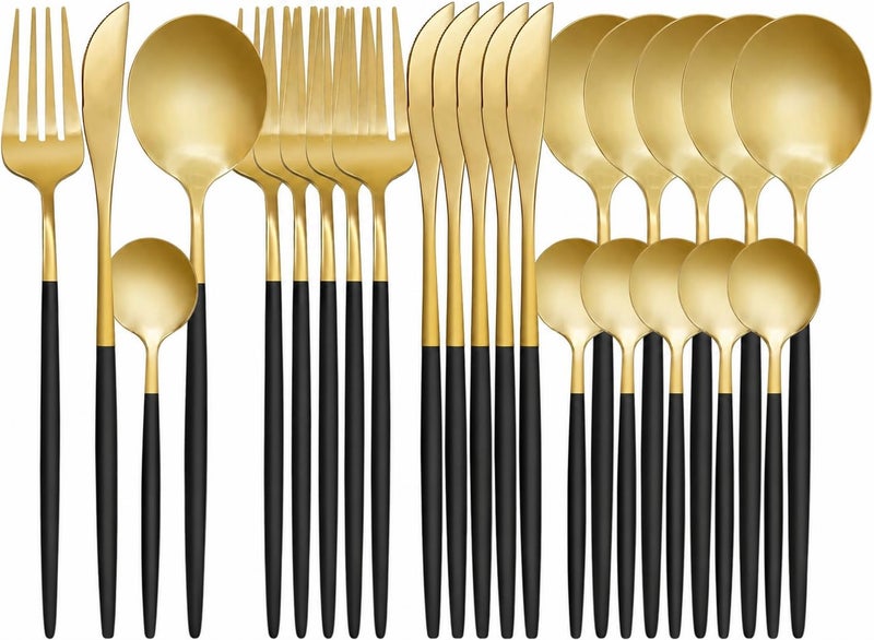 Luxurious Gold 24-Piece Cutlery Set, Stainless Steel for 6 Persons, Includes Knives, Forks and Spoons, Dishwasher Safe, With High Quality Black Rubber Coating - Image 1