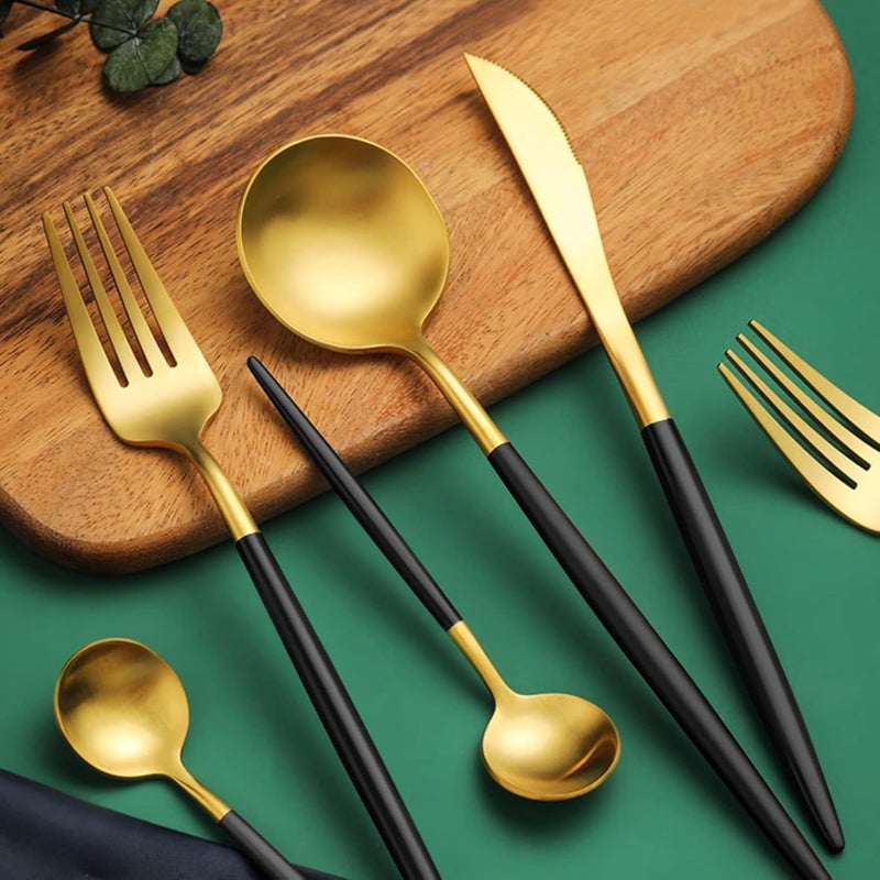 Luxurious Gold 24-Piece Cutlery Set, Stainless Steel for 6 Persons, Includes Knives, Forks and Spoons, Dishwasher Safe, With High Quality Black Rubber Coating - Image 2