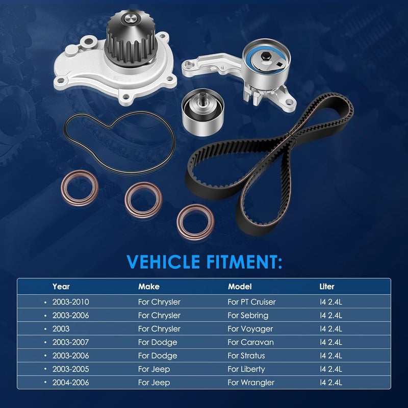 ECCPP Timing Belt Kit with Water Pump Compatible For Chrysler PT Cruiser Sebring Voyager For Dodge Caravan Stratus 2003-2005 For Jeep Liberty 2004-2006 For Jeep Wrangler PP265LK2 WP265K4A CK265LK2 - Image 2