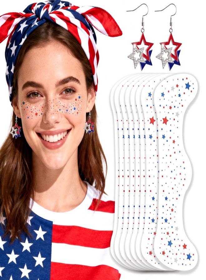 Paminify Patriotic American Flag Star Earrings and Red White Blue Glitter Freckles Face Tattoos,Independence Day 4th of July USA Earrings Outfit for Women,250th Fourth of July Accessories - Image 1