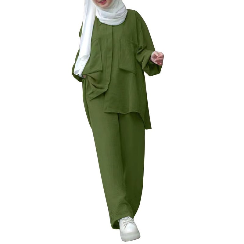 ODIZLI Muslim Dress For Women Abaya Turkey Kaftan Ice Silk 2 Pieces Casual Outfits Long Sleeve Ethnic Shirts Modest Tops For Women Muslim Islamic Pants Loungewear Olive Green-Pockets Button Down Shirt S - Image 5