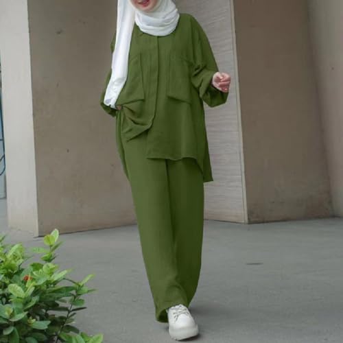 ODIZLI Muslim Dress For Women Abaya Turkey Kaftan Ice Silk 2 Pieces Casual Outfits Long Sleeve Ethnic Shirts Modest Tops For Women Muslim Islamic Pants Loungewear Olive Green-Pockets Button Down Shirt S - Image 2