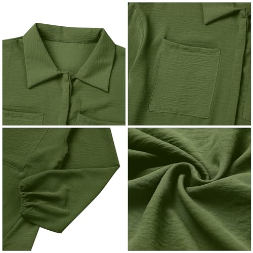 ODIZLI Muslim Dress For Women Abaya Turkey Kaftan Ice Silk 2 Pieces Casual Outfits Long Sleeve Ethnic Shirts Modest Tops For Women Muslim Islamic Pants Loungewear Olive Green-Pockets Button Down Shirt S - Image 3