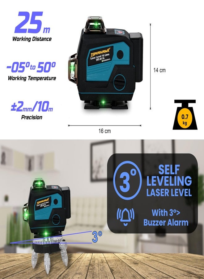 TOMAHAWK® SPZ-8116-16 16 Lines Green Laser Level Pro - 4x360° 4D Green Cross Self-Levelling Professional Laser Line for Construction with Two 360° Vertical/Horizontal Laser Level Pulse Mode - Image 5