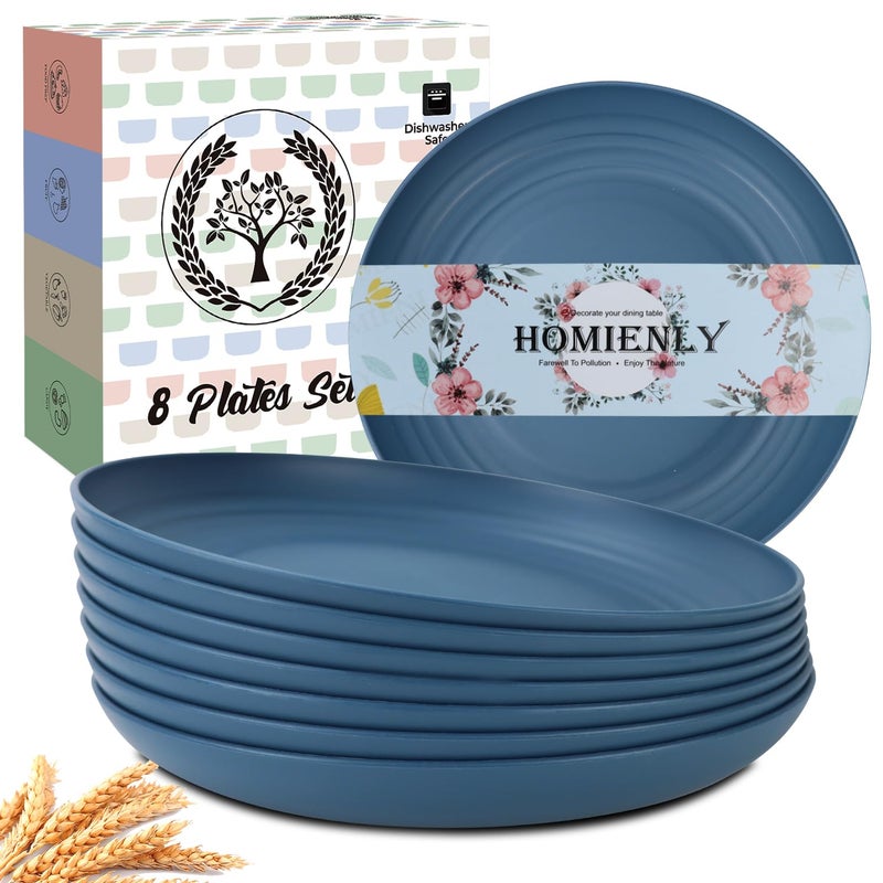 Homienly Deep Dinner Plates Set of 8-9 inch Alternative for Plastic Plates Microwave and Dishwasher Safe Wheat Straw Plates for Kitchen Unbreakable Plate Set (Blue) - Image 1