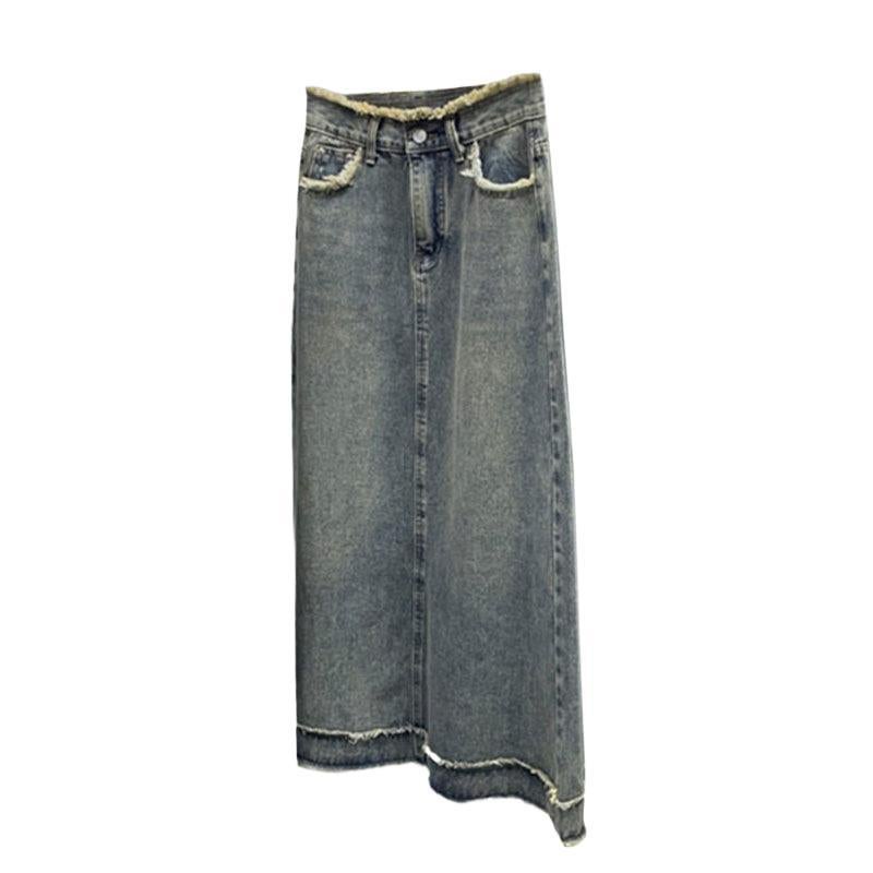 Women's Denim Skirt A-Line Frayed Hem High Waist Casual Retro Bodycon Midi Skirt - Image 5