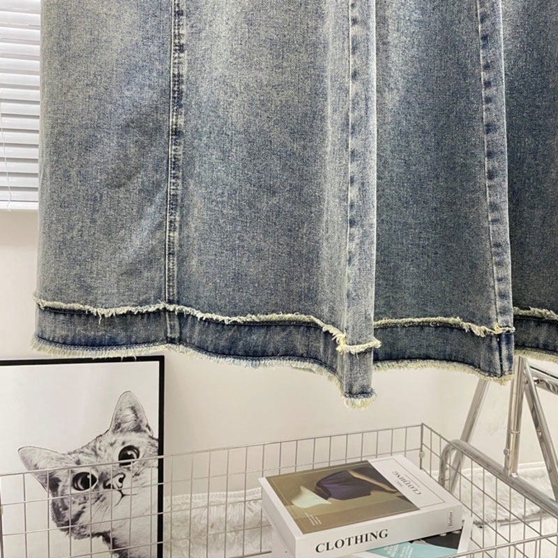 Women's Denim Skirt A-Line Frayed Hem High Waist Casual Retro Bodycon Midi Skirt - Image 4
