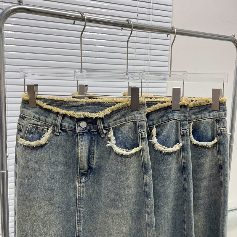 Women's Denim Skirt A-Line Frayed Hem High Waist Casual Retro Bodycon Midi Skirt - Image 3