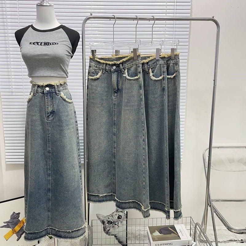 Women's Denim Skirt A-Line Frayed Hem High Waist Casual Retro Bodycon Midi Skirt - Image 1