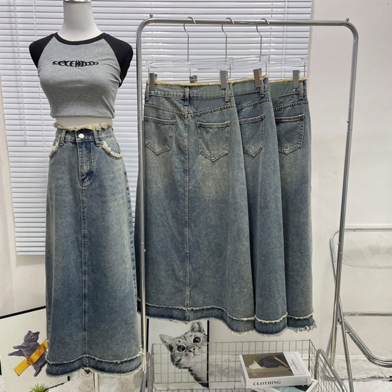 Women's Denim Skirt A-Line Frayed Hem High Waist Casual Retro Bodycon Midi Skirt - Image 2