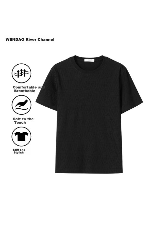 ASK Wendao Light Luxury Vintage Style Summer Breathable Comfortable Casual Jacquard Round Neck T-shirt W6807 Black M - Image 2