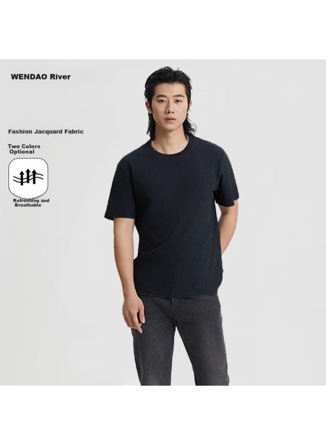 ASK Wendao Light Luxury Vintage Style Summer Breathable Comfortable Casual Jacquard Round Neck T-shirt W6807 Black M - Image 1