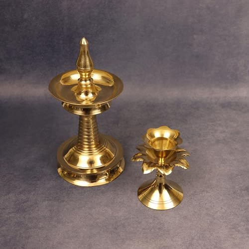 Spillbox Traditional Brass Kerala Kuthu villaku Diya | Oil Lamp for Home Temple Churuch Puja Articles Decor Gifts- Kerala Nila Villakku and Jasmine Candle Holder - Image 2